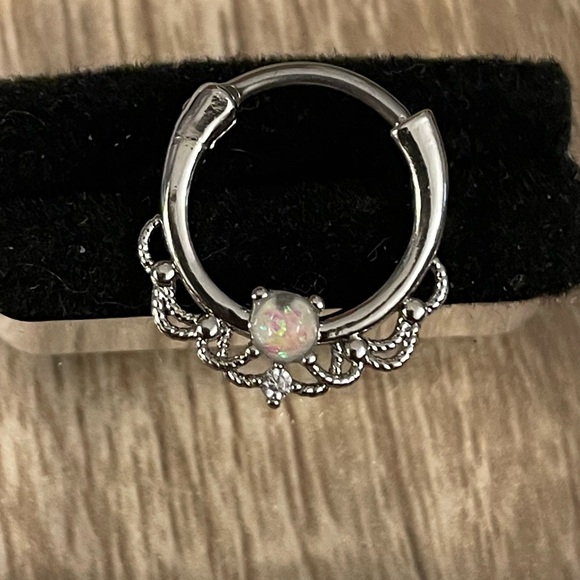 16G Opal & CZ Surgical Steel 10mm Single Hoop Septum/ Daith Clicker NWT - Picture 3 of 11